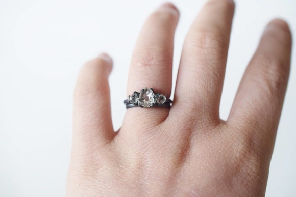 Wedding Set Oxidized or Bright Silver Ring Raw Stone Engagement Rings - Picture 8 of 10